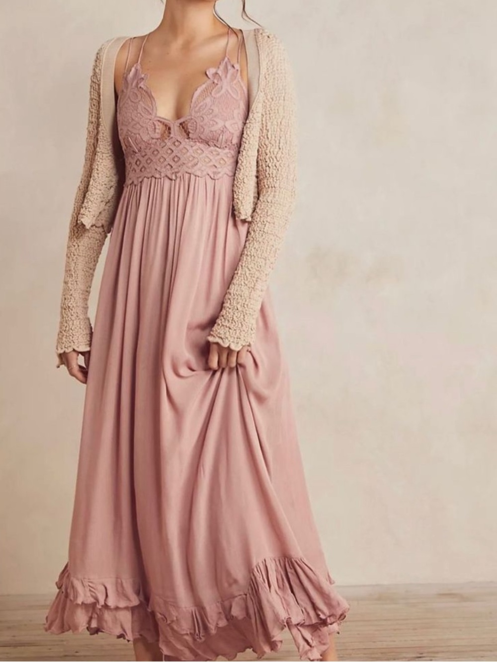 Free People Adella Maxi Slip Dress Rose Pink Ruffle Crocheted Style Size S
